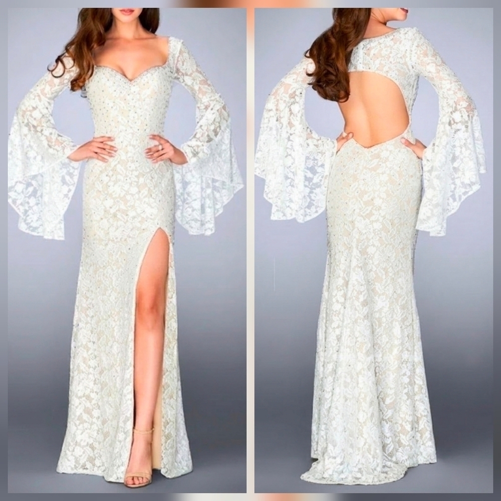 La Femme Embellished White Floral Lace Bell Sleeve Backless Embroidered Sequins